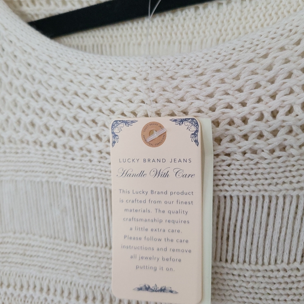Lucky Brand Loose Knit Natural White Boxy Pullover Poncho Boho Sweater Medium - Picture 3 of 4